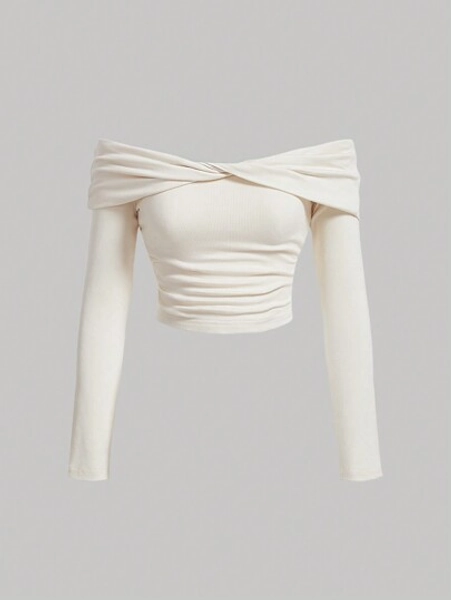SHEIN MOD Women's Y2K Solid Color Off-Shoulder Long Sleeve Twist Knot Pleated Fashionable T-Shirt