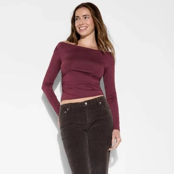 Women's Long Sleeve Synthetic Off the Shoulder Party Top - Wild Fable™ Burgundy XXS