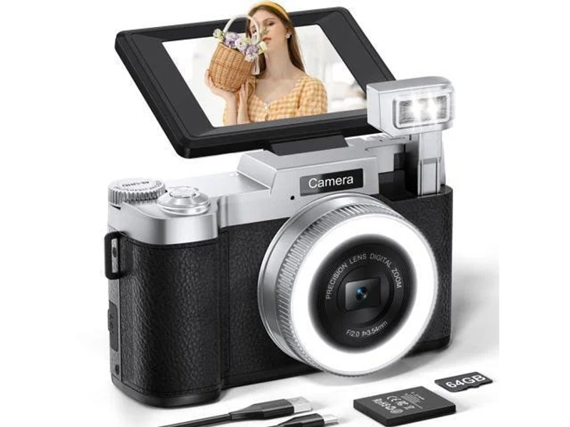 4K 64MP Digital Camera for Photography Flash + Lens Fill Light