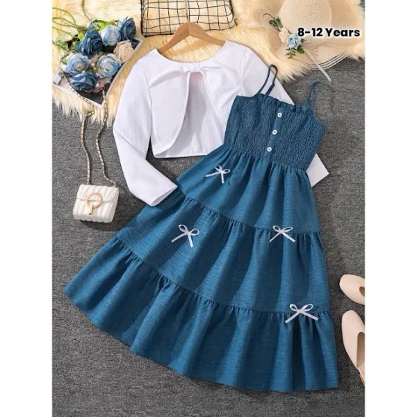 Back-To-School Season Girls' Clothing Set, New Autumn Style Children'S Wear, Sweet Camisole Dress With Long-Sleeve Coat, Perfect For Outdoor