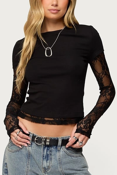 Edikted Layered Lace Sleeve T Shirt Top in Black, Women's at Urban Outfitters