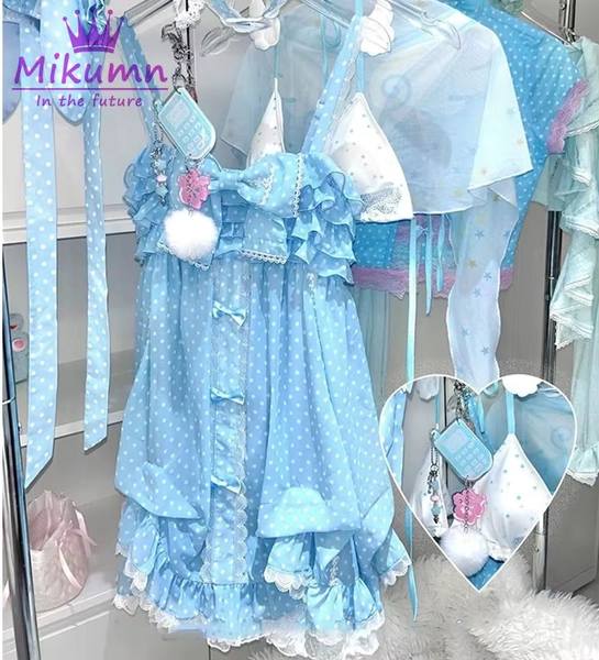 Mikumn Harajuku Sweet Blue Polka Dot Mini Dress Women Japanese Y2K Vintage Ruffles Bow Kawaii  Sleeveless Strap Party Dresses - AliExpress 200000345