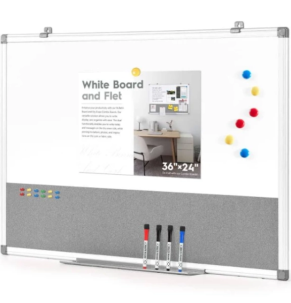 Combo Dry Erase Bulletin Board Wall Mounted Whiteboard and Pin Board Vision Board for Home Kitchen School Office College,Whiteboard & Felt