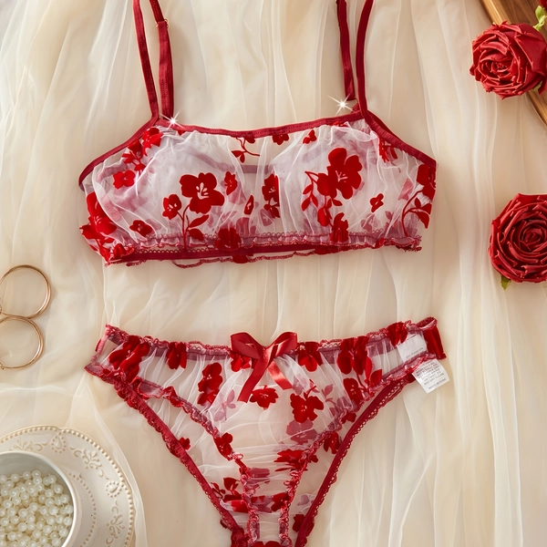Women'S Sexy Mesh Floral Embroidery Lingerie Sheer Panties Camisole 2pcs Set
