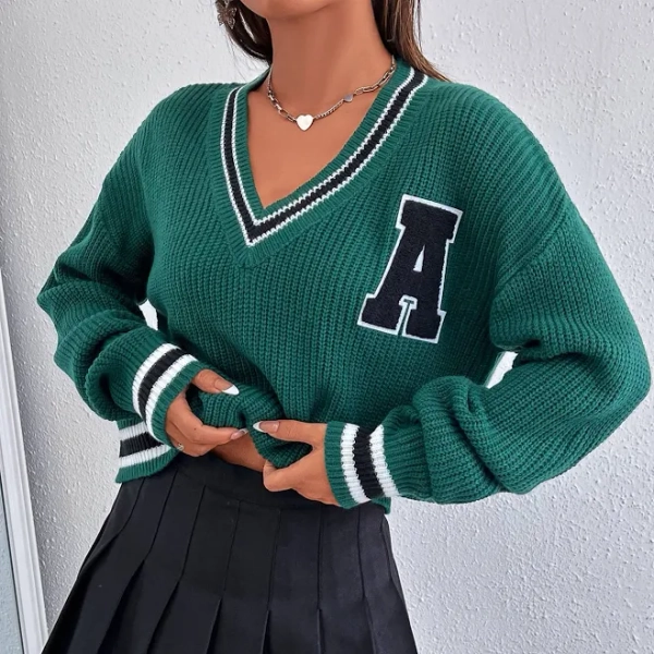 Zielony Letter Patched Striped Trim Sweater,Long Sleeve Tops Knit Pullover Fall Winter Outfit,XL