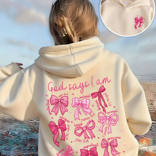 Girls' Pink Letter & Bow Tie Print Hooded Sweatshirt - Loose Fit Long Sleeve Pullover with "God Says I Am" Back Design, Casual Sporty Style for Spring/Fall, Autumn Fashion Essential, Autumn Fashion, Trendy Design, Soft Fabric, Print Hoodie