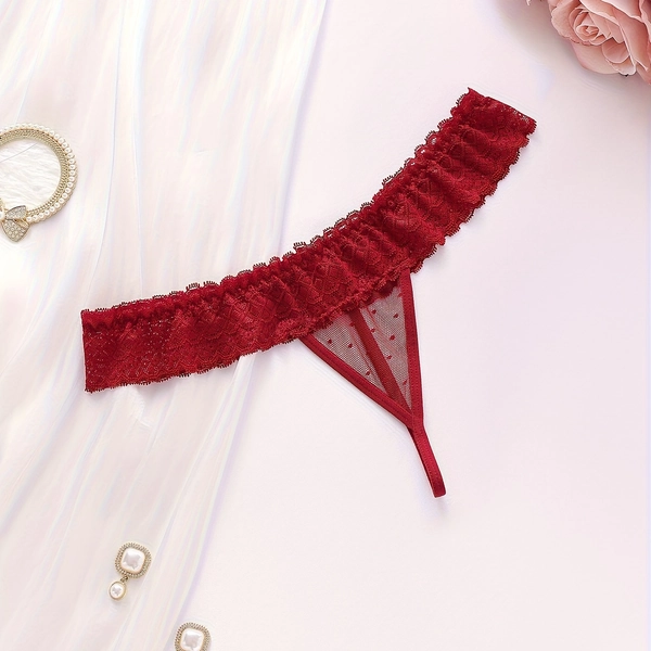 1pc Women's Sheer Lace Thong Underwear - Low-Rise -String Transparent Panty, PLA60 Wine Red Color, Elegant & Sexy for Casual Attire or Special Occasions - Comfortable Sheer Lingerie for Sensitive Skin