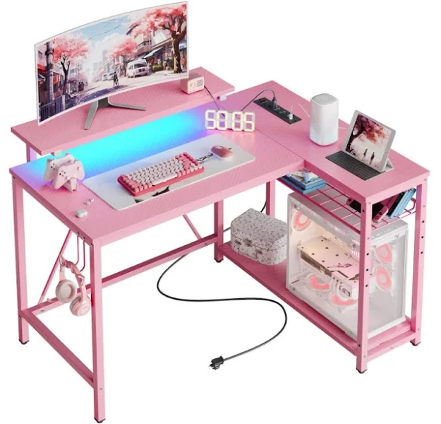 Bestier 42" L-Shaped Gaming Desk with Power Outlets, LED Lights, Reversible Storage Shelves