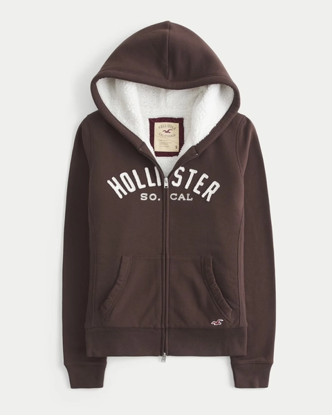 Hollister Holiday Vault Release Sherpa-Lined Zip-Up Logo Graphic Hoodie