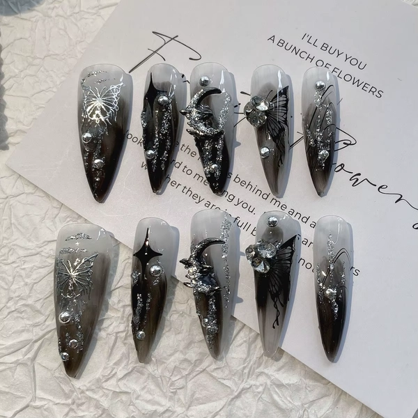 10pcs Handmade Fake nails Gothic Dark Punk style Metal Liquid Butterfly Artificial False Nail Patch Wearing Press on Nails Tips - AliExpress 
