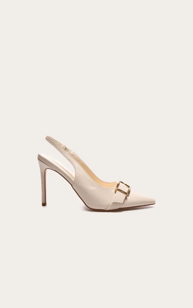 Cream PU Wide Fit Buckle Detail Stiletto High Heel Sling Back Court Heels