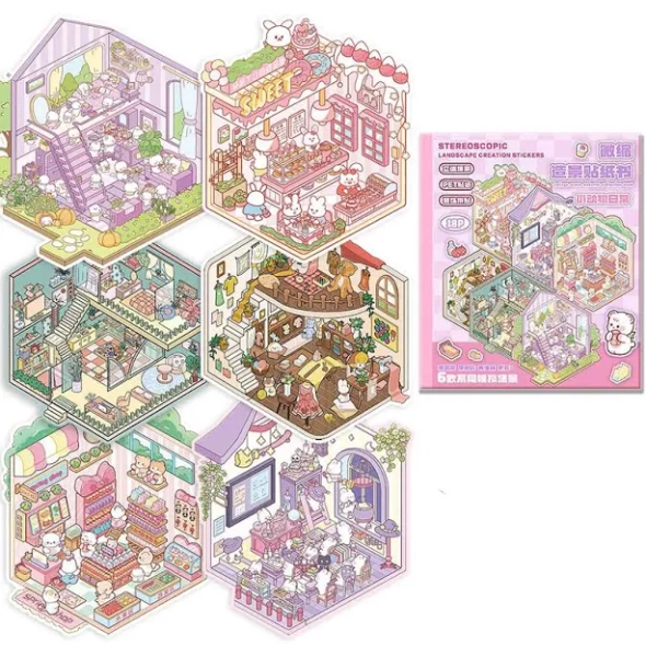DIY 3D Sticker Scene Collection Book for Stress Relief, 6 Sets of Mini Shop Stickers for Kids Adults, Cute Animal Themed Gifts