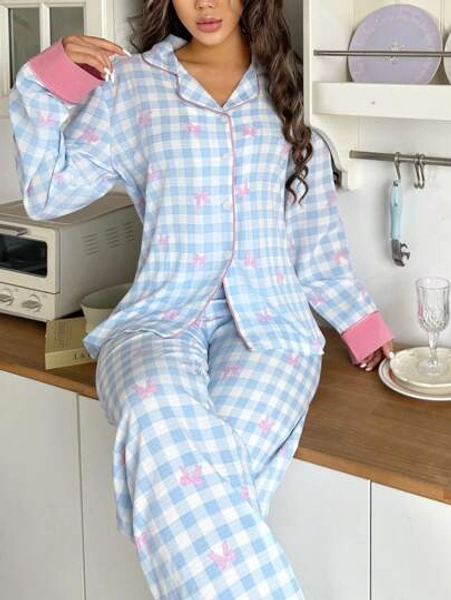 SweetSlumber Women Plaid Bowknot Bubble Wrinkle Pajama Set Bowknot, Fall Winter Clothes Cozy And Elegant Details