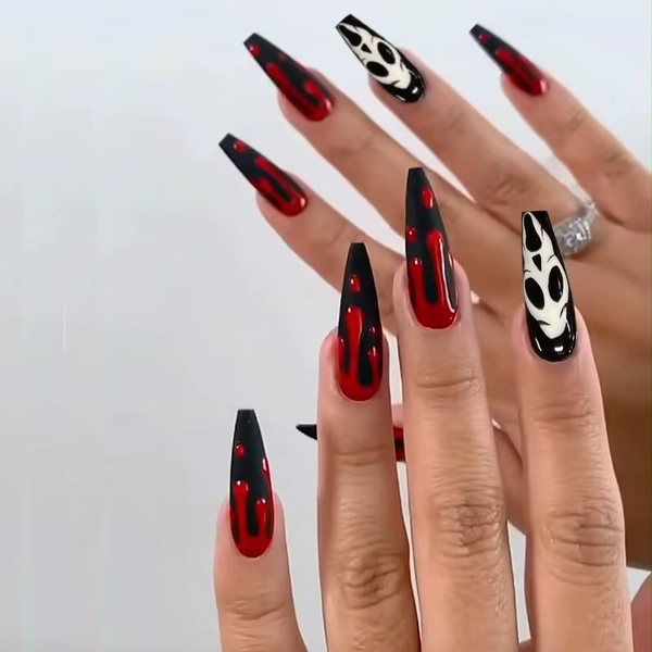 24pcs New Halloween Press on Nail Manicure Full Cover Detachable Halloween Party Acrylic Nail Tips Coffin False Nail Red Ghost