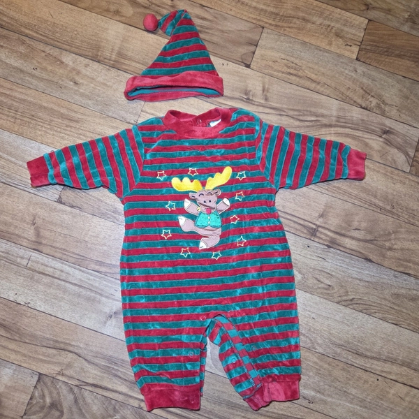 Vintage 80s/90s Baby Christmas Velour Romper &amp; Hat – All Mine – 3–6 Months