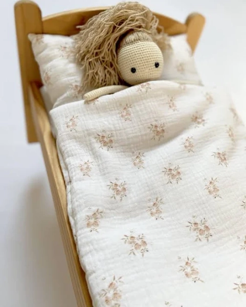 Organic Cotton Muslin Doll Bedding Set - Soft Quilt & Pillow for Doll Crib, Stroller or Cradle | Fits IKEA Duktig, Custom Sizes Available