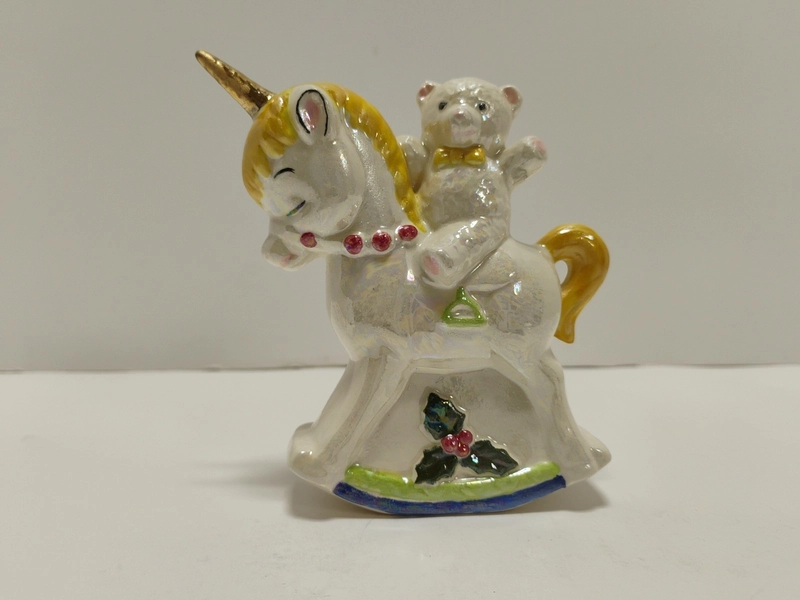 Vintage Teddy Bear Riding on Rocking Horse / Unicorn Ceramic Nursery Figurine 4”