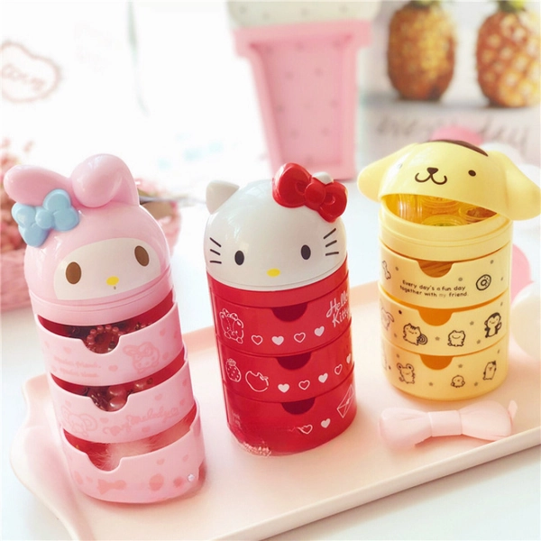 Sanrio Official My Melody, Hello Kitty & Pompompurin Jewelry Box with Flip Cover & 3-Tier Drawer - Cute Anime Desktop Storage Suitable for Earrings, Rings, Necklaces - Plastic with Fabric Interior