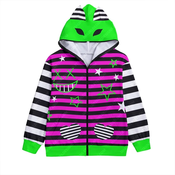 Scene Kid Cat Ear Hoodie: Pink, Green, Black & White Stripe Zip-Up
