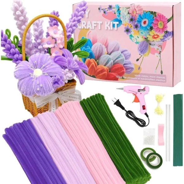 400 Pcs Pipe Cleaners Craft,4 Colors Chenille Stems for Flowers Craft Set for DIY Art Projects Creative Gift Wrapping Party Decorations Whit Ribbons,