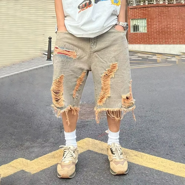 High Street Washed Distressed Raw Hem Ripped Denim Shorts Retro Men Clothing Summer Y2k Straight Loose Hip Hop Denim Shorts - AliExpress 200000343