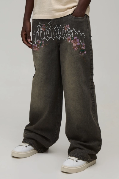 Floral Crotch Embroidered Baggy Fit Jeans