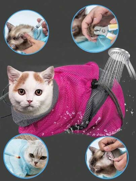 1pc Breathable Mesh Cat Bathing Bag, Anti-Scratch Anti-Bite Pet Grooming Bathing Nail Trimming Brush Bag, Mother's Day Gift - Size Pink [Masterfully Crafted]