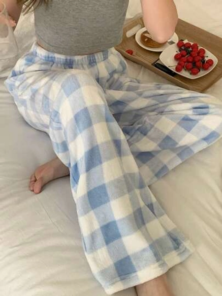 DAZY Plaid Pattern Fleece Straight Leg Loungewear Cozy Pants Fall,Winter Fluffy