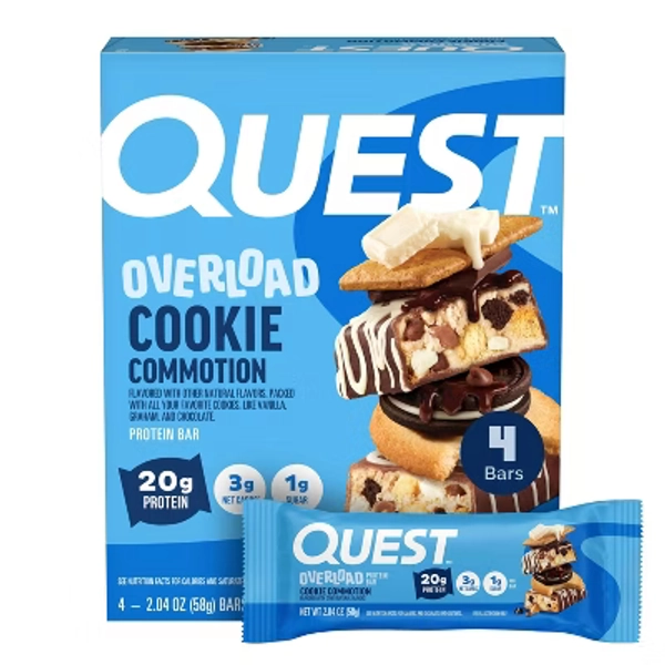 Quest Nutrition Overload Bar - Cookie Commotion - 4ct: Chewy Protein Snack, 20g Protein, 8.18oz, Ready to Eat