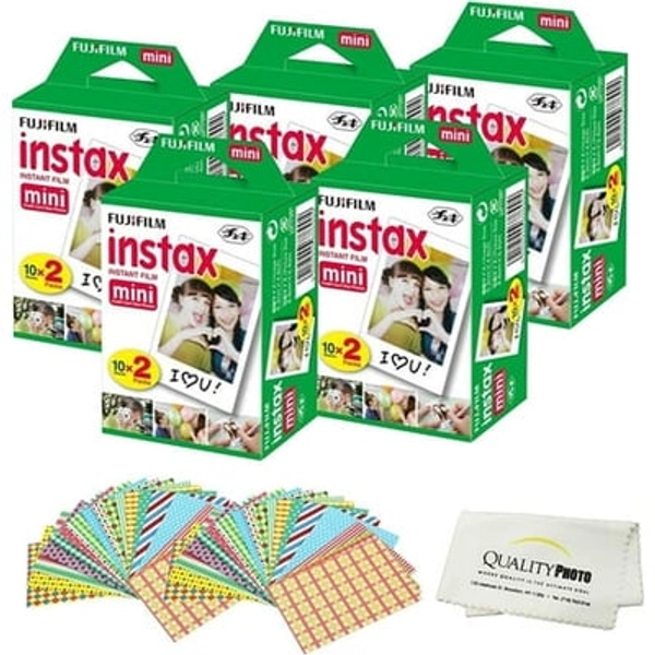 Fujifilm INSTAX Mini Instant Film 10 Pack 100 SHEETS (White) For Fujifilm Mini 8 Cameras Bundled with custom instax FRAME STICKERS and Quality Photo Microfiber Cloth for mini 8 lens