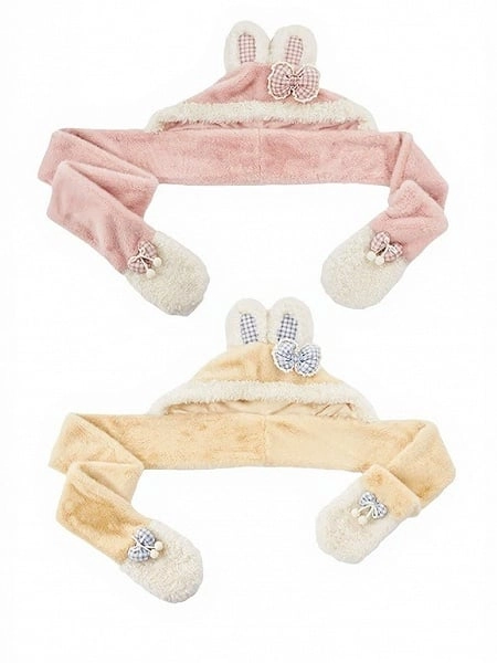 [£42.53]Kawaii Plush Rabbit Ears Winter Scarf with Hood, Glooves & Bow Accents