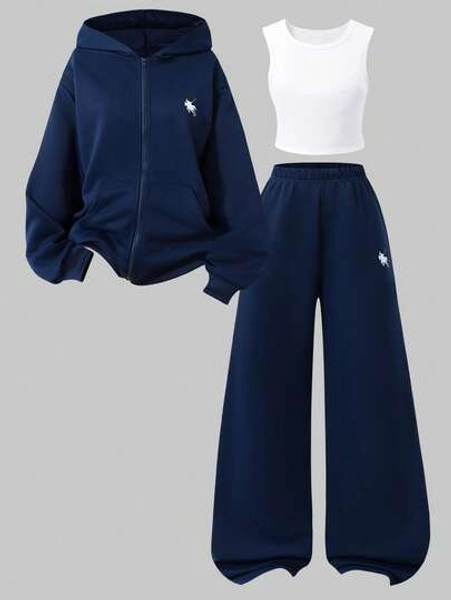 3pcs/Set Teen GirlCasual Outfit, Including Hooded Zip-Up Sweatshirt With Horse Print, White Tank Top, And Elastic Waist Straight Leg Pants, Autumn