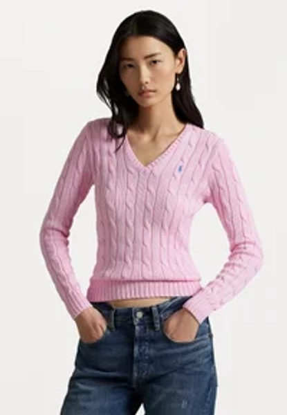 CABLE-KNIT COTTON V-NECK SWEATER - Pullover - carmel pink