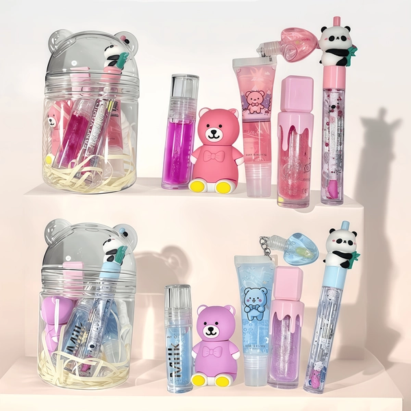 Transparent Bear Bottle 5-Pack Cartoon Style Lip Makeup Gift Set with Bear and Panda Sequin Lip Gloss, Mirror Shine Moisturizing Lip Oil for Everyday Natural Lips - Give someone a holiday gift, a birthday gift, a girl