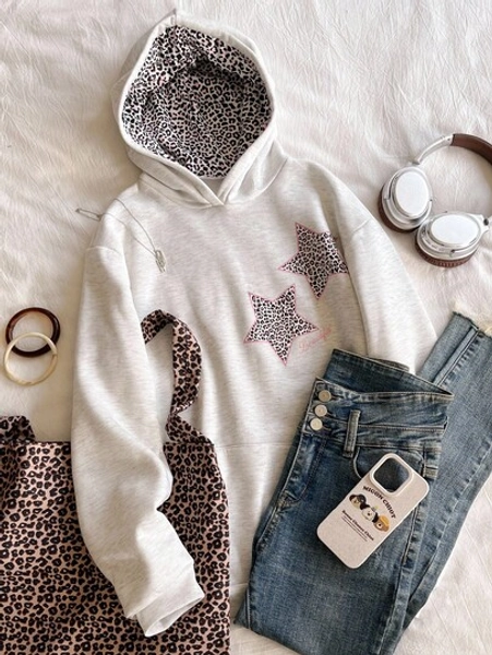 Teen Girl Casual Leopard Print & Star Pattern Pullover Hoodie Sweatshirt, Suitable For Street & Campus Everyday Wear, Spring/Autumn/Winter Fall