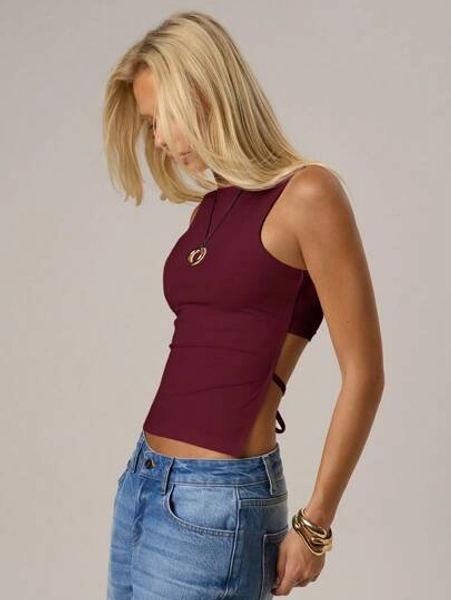SHEIN Forever 21 Spring & Summer Women Tank Top, For Valentine Day/ Casual/Vintage/Festival/Country Concert/Brunch/Homecoming/Easter/Guest/Tea Party/Basic/Concert Women/Prom /Wedding/Rave Festival/Formal/Western/Cocktail/Club/Spring/Birthday/Cute/Classy/Going Out/Vacation/Office/Airport/2000s Style/Streetwear/Sleeveless Back Hollowed-Out Strap Red