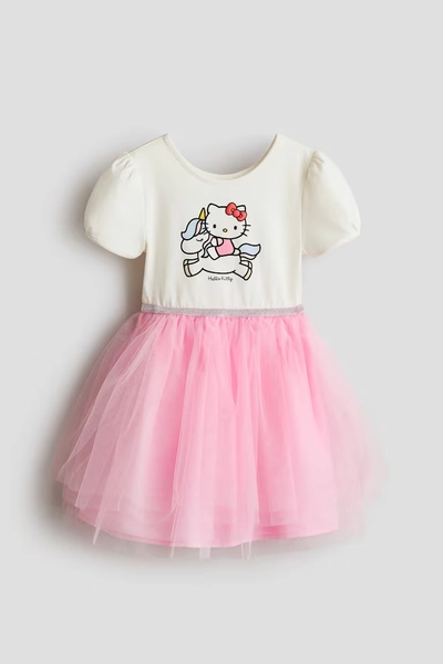 Printed Tulle-Skirt Dress - Cream/Hello Kitty