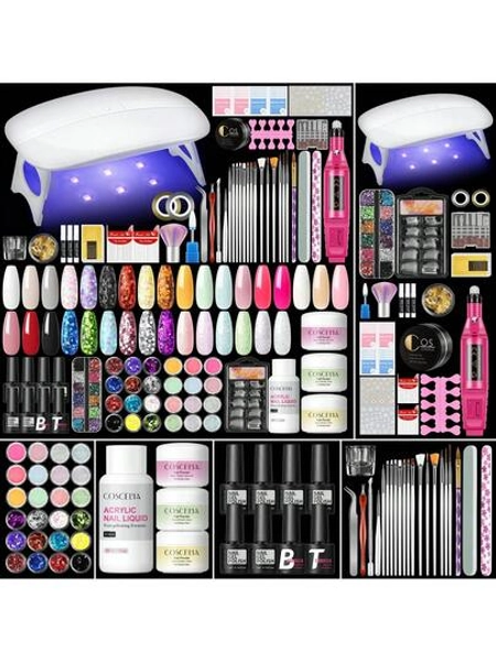  COSCELIA Acrylic Nail Kit For Beginners: With Everything Gel Polish Kit With UV Lamp Acrylic Nail Set With Glitter Acrylic Powder Complete Starter Kit Acrylic Nail Supplies