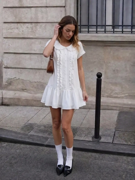  Peter Pan Collar Ruffle Button-Up Mini Dress