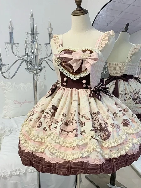 [£39.12]Sweet Pink & Chocolate Cake Print Ruffle Lolita JSK Dress
