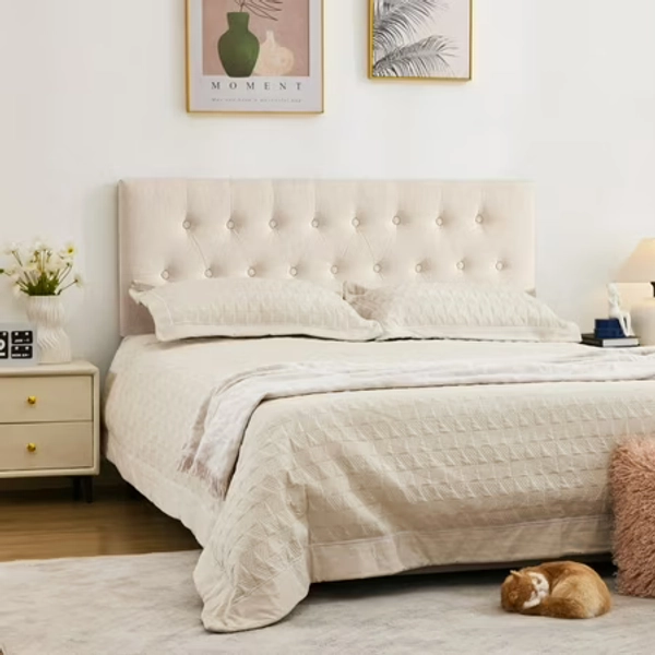 JONPONY Tufted Upholstered Headboard Queen Size, Solid Wood Head Board with Adjustable Height Headboard from 37" to 51",Bed Frame Adapters,Beige,Headboard Only