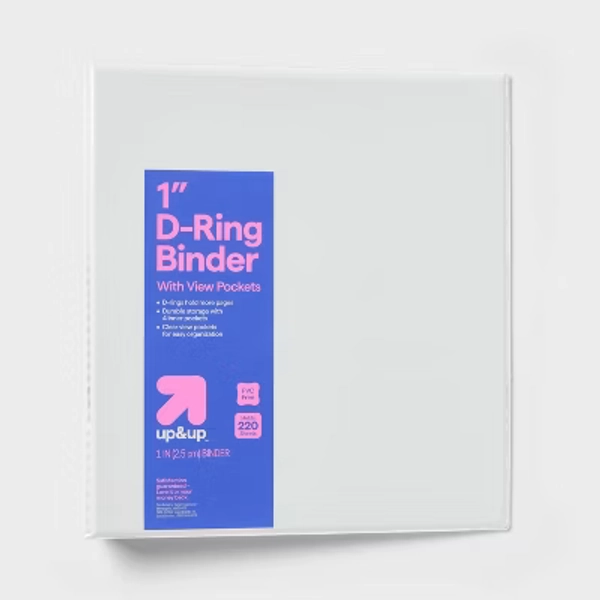 1" 3 Ring Binder Clear View White - up&up™: 220 Sheet Capacity, 4 Internal Pockets, D Rings, Metal & Polypropylene