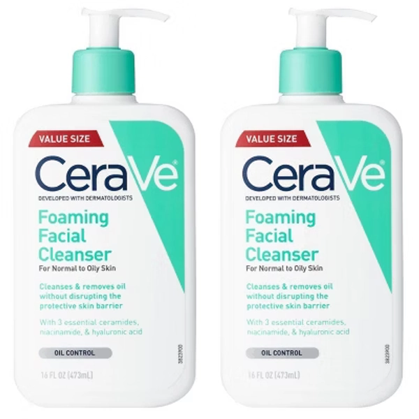 CeraVe 2 Pack/16 fl oz Each Foaming Face Wash with Hyaluronic Acid and Niacinamide for Oily Skin