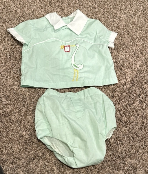 Vintage 80’s Baby 2 Piece Set Outfit Stork Bloomers Size 0-6 Month Embroidered