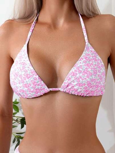 Swim Mod Women's Pink Ditsy Floral Halter Swimwear Bikini Top (Purchased Copyright), For Summer Beach Vacation