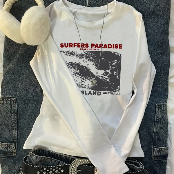 2089 - A Stylish Long-Sleeve Vintage Bodysuit for Women with a Slim Fit, Featuring English Letter Prints, Perfect for Layering in Spring And Autumn