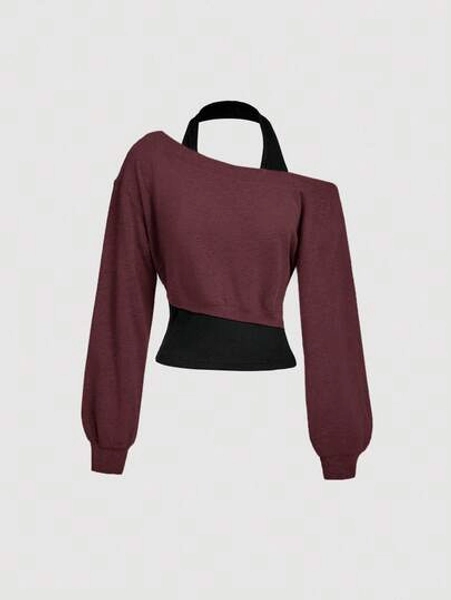 SHEIN MOD Women Asymmetrical Neck Grey 2 In 1 Sweatshirt In Fall/Winter