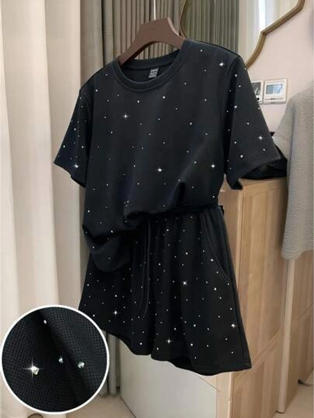 GlowEve Rhinestone Decor Round Neck Short Sleeve Top And Shorts 2 Pieces Casual Outfit