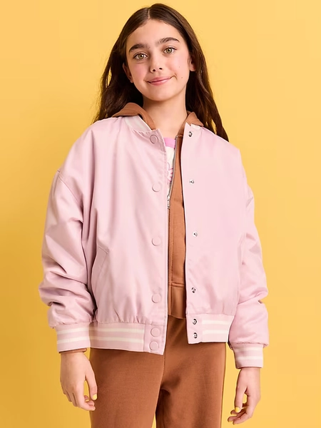 Loose Button-Front Satin Bomber Jacket for Girls