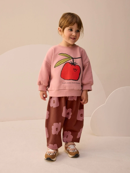 Pink/Brown Tomato Sweatshirt and Barrel Leg Joggers Set (3mths-7yrs)